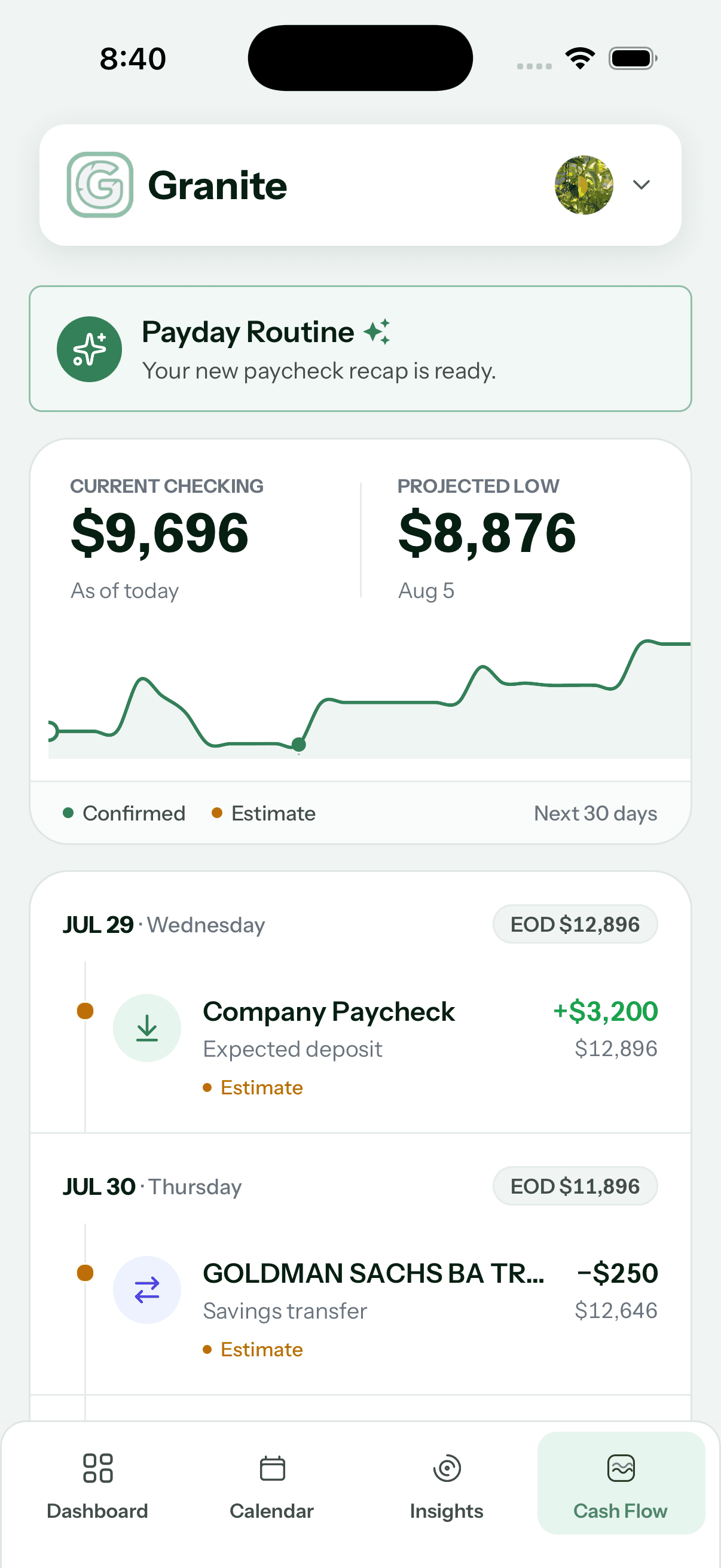 Granite Cash Flow showing current checking, projected low, and upcoming events
