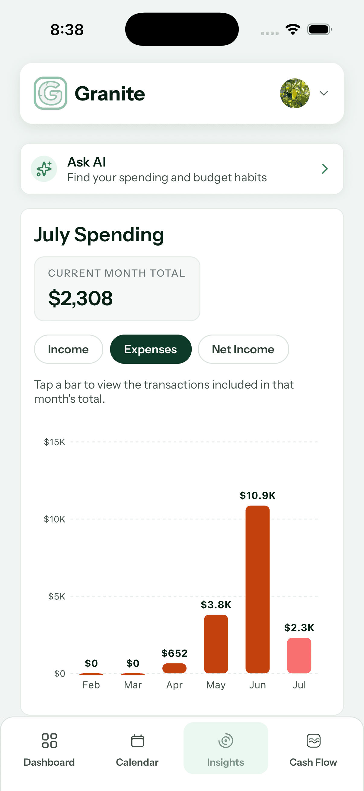 Granite Insights six-month expenses chart with July selected