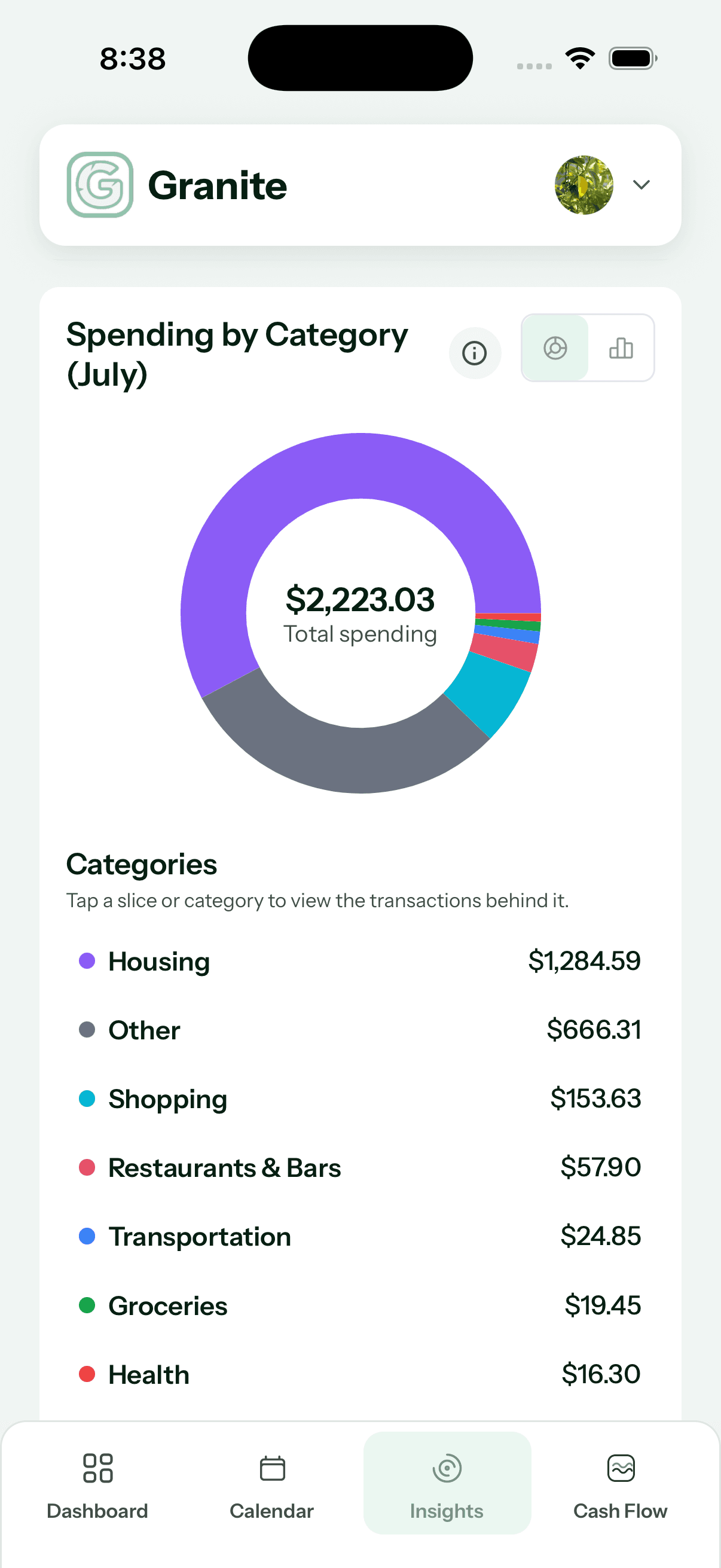 Granite Insights spending-by-category chart and category totals