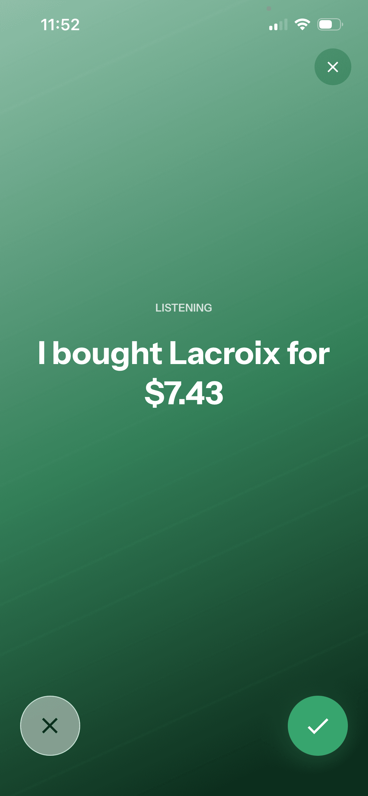Granite listening to a voice transaction for LaCroix costing $7.43