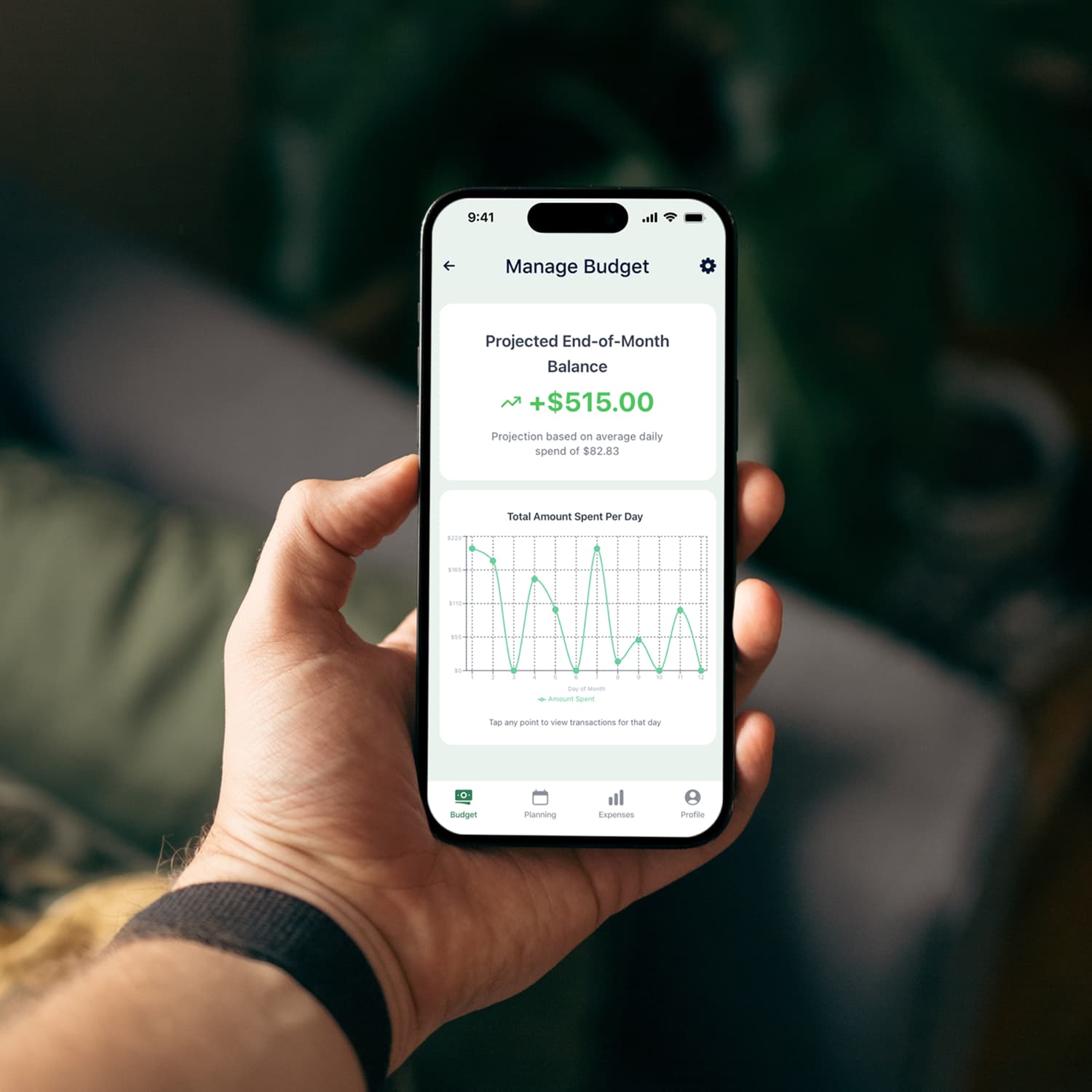 Aplicativo Granite Finance mostrando um orçamento diário