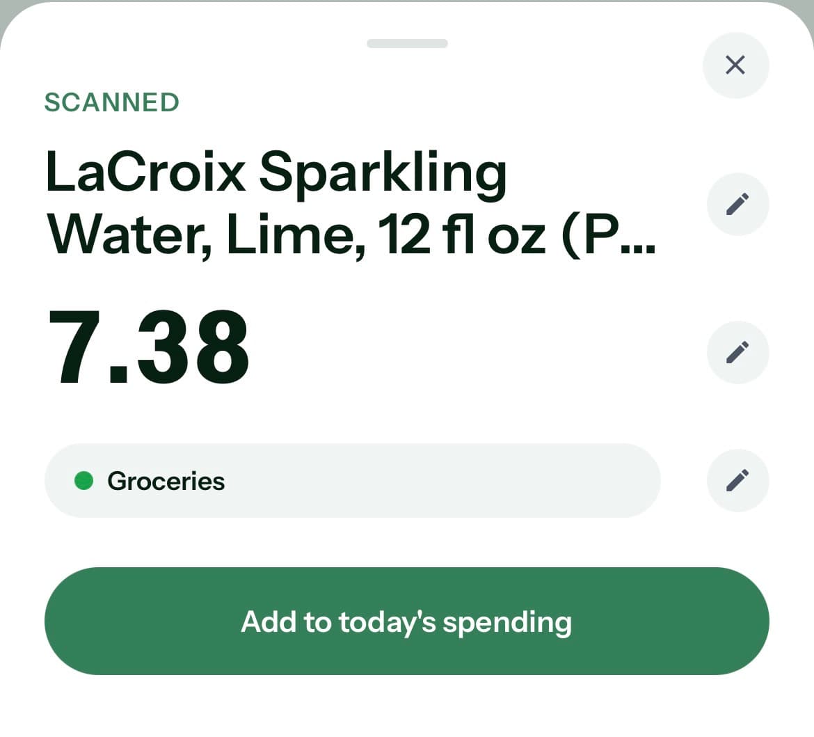 Granite scan result with editable item, price, and category fields