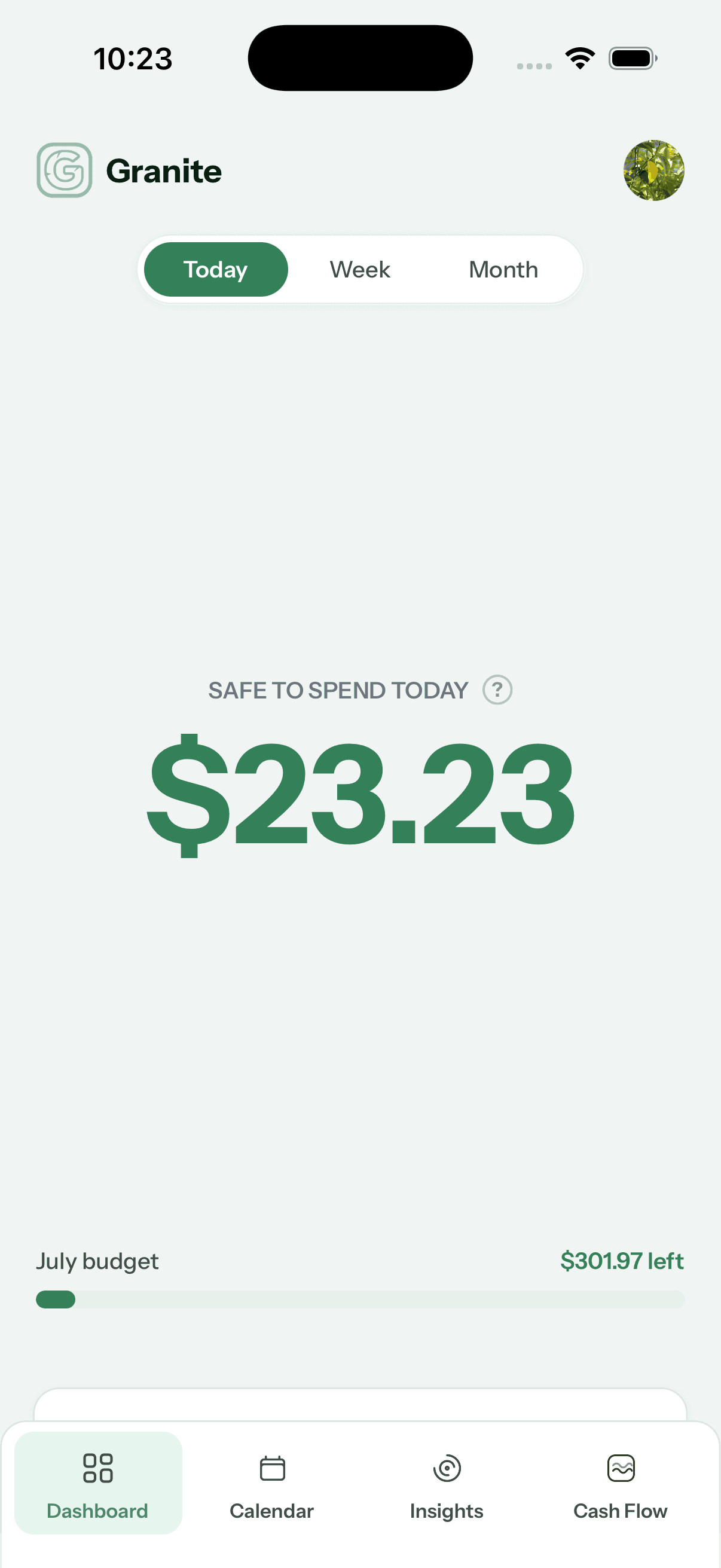 Granite iPhone dashboard showing a safe-to-spend-today amount and the remaining July budget