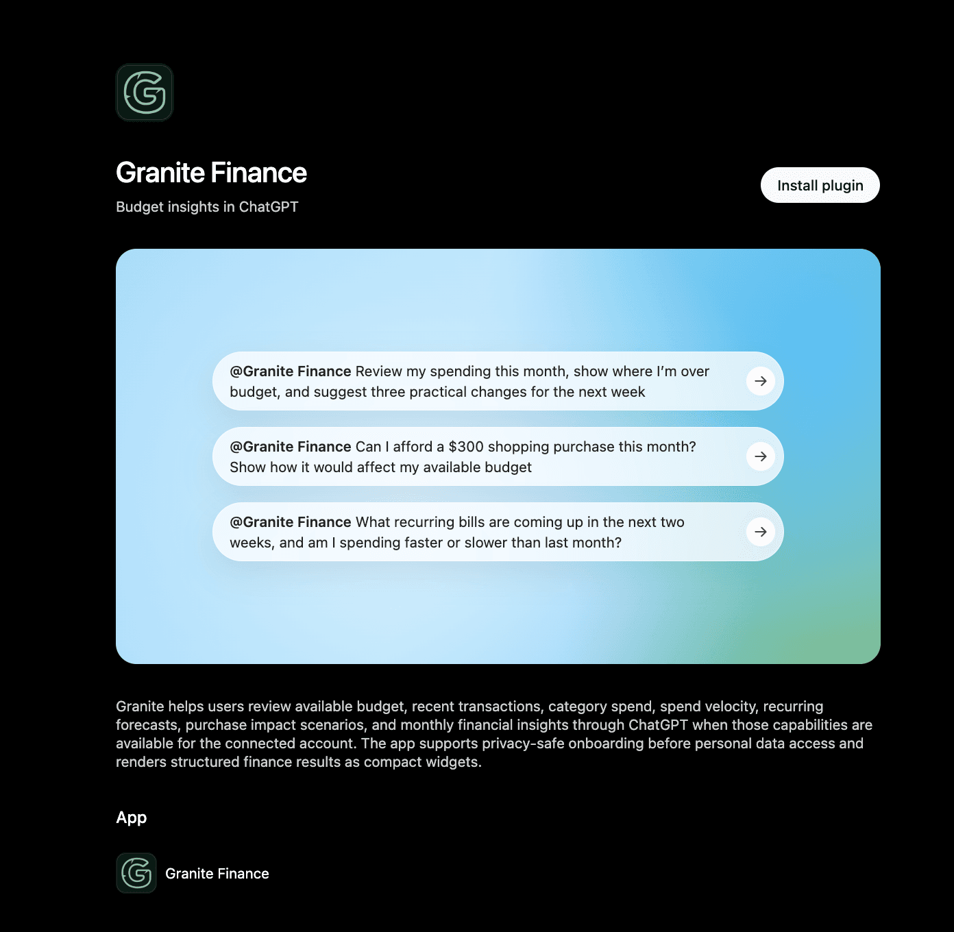 Granite Finance listing in ChatGPT with an install button and three example budgeting prompts