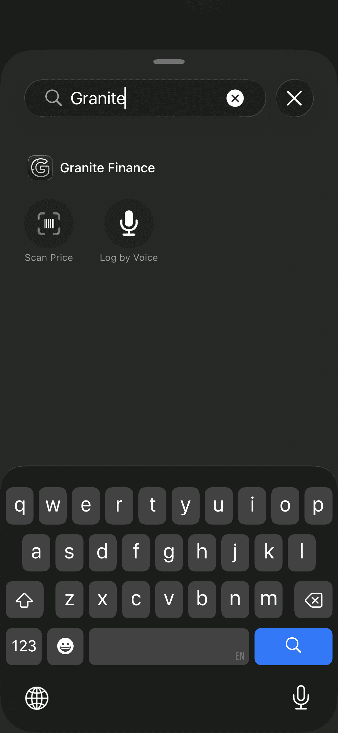 iPhone Controls search showing Granite Scan Price and Log by Voice controls