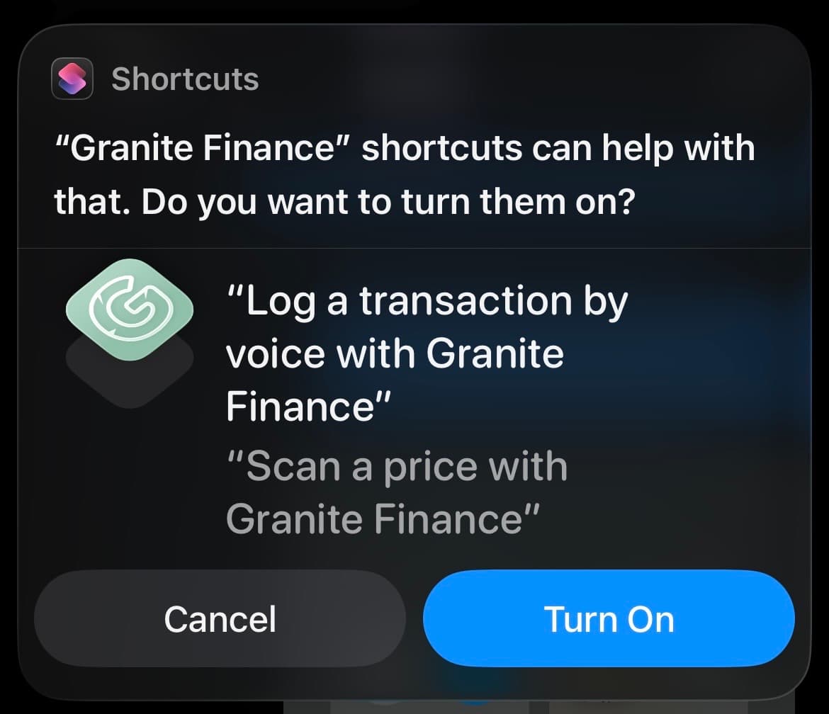iOS prompt to turn on Granite Finance voice and price scan shortcuts