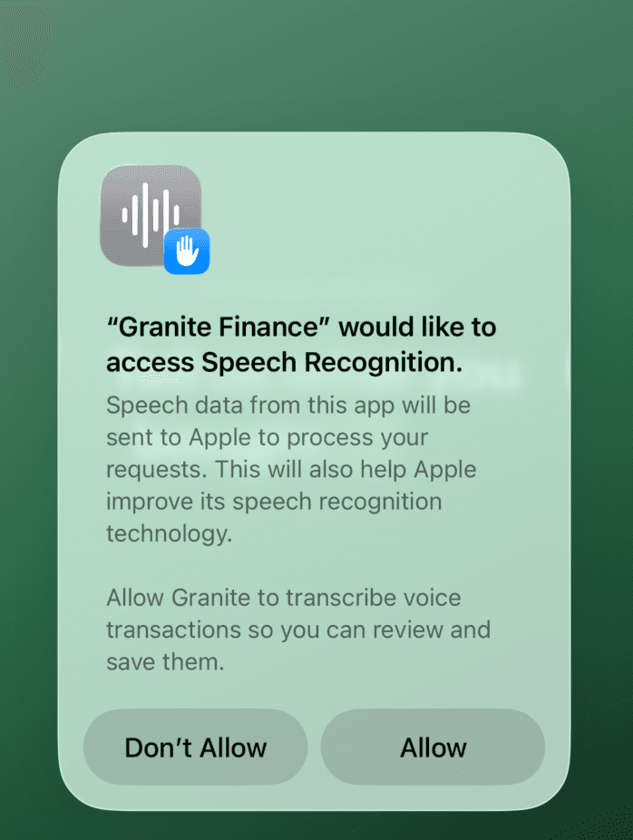 iOS permission prompt for Granite Finance speech recognition